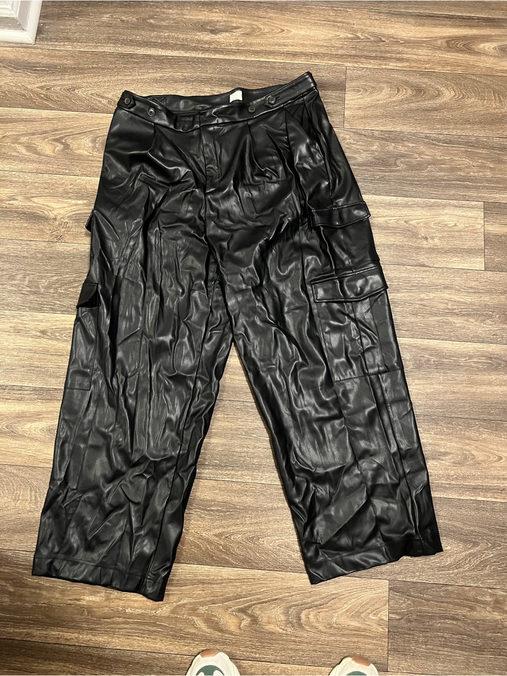 Black Faux Leather Cargo Pants for women